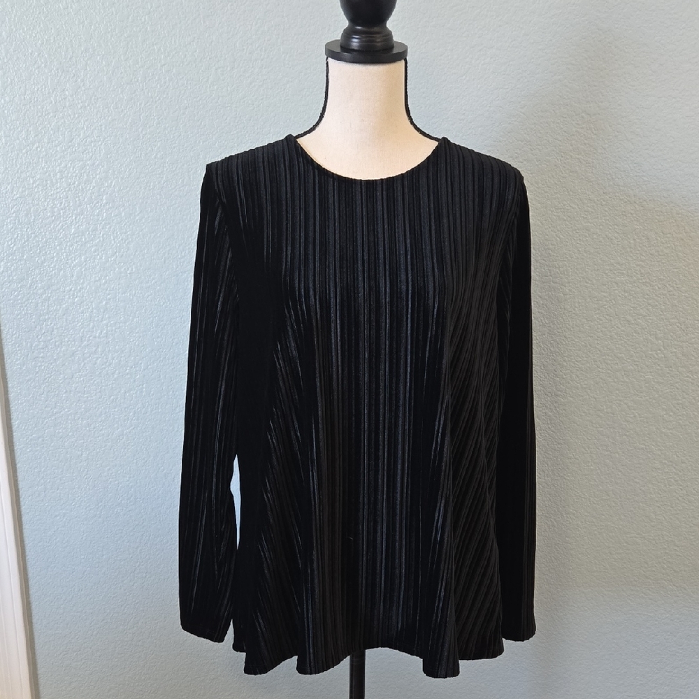 NWT J.JILL Wearever Collection Black Ribbed Crushed Velvet Blouse Sz Large